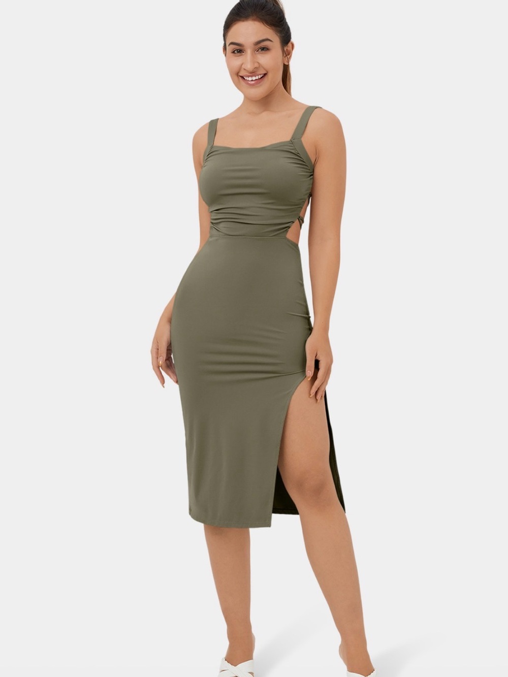 Halara Withered Green Ruched Backless Midi Dress Size Small